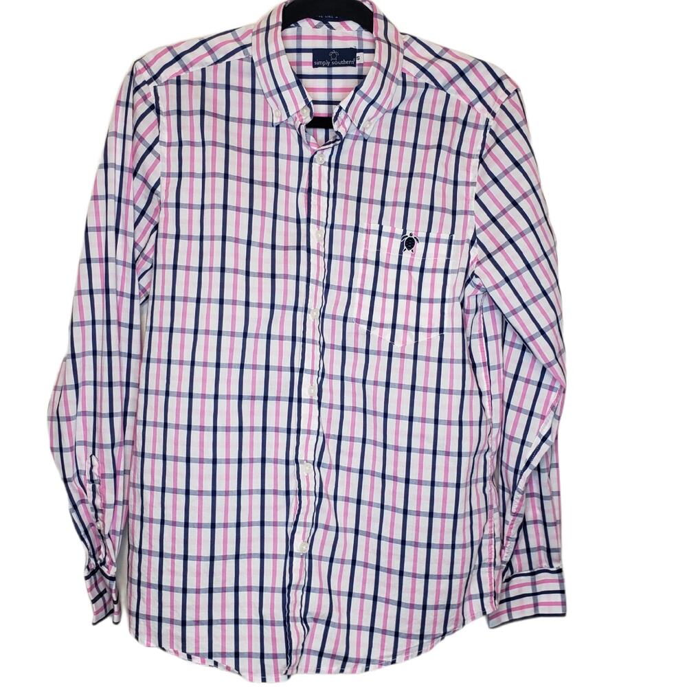 Simply southern pink blue plaid button up sz small